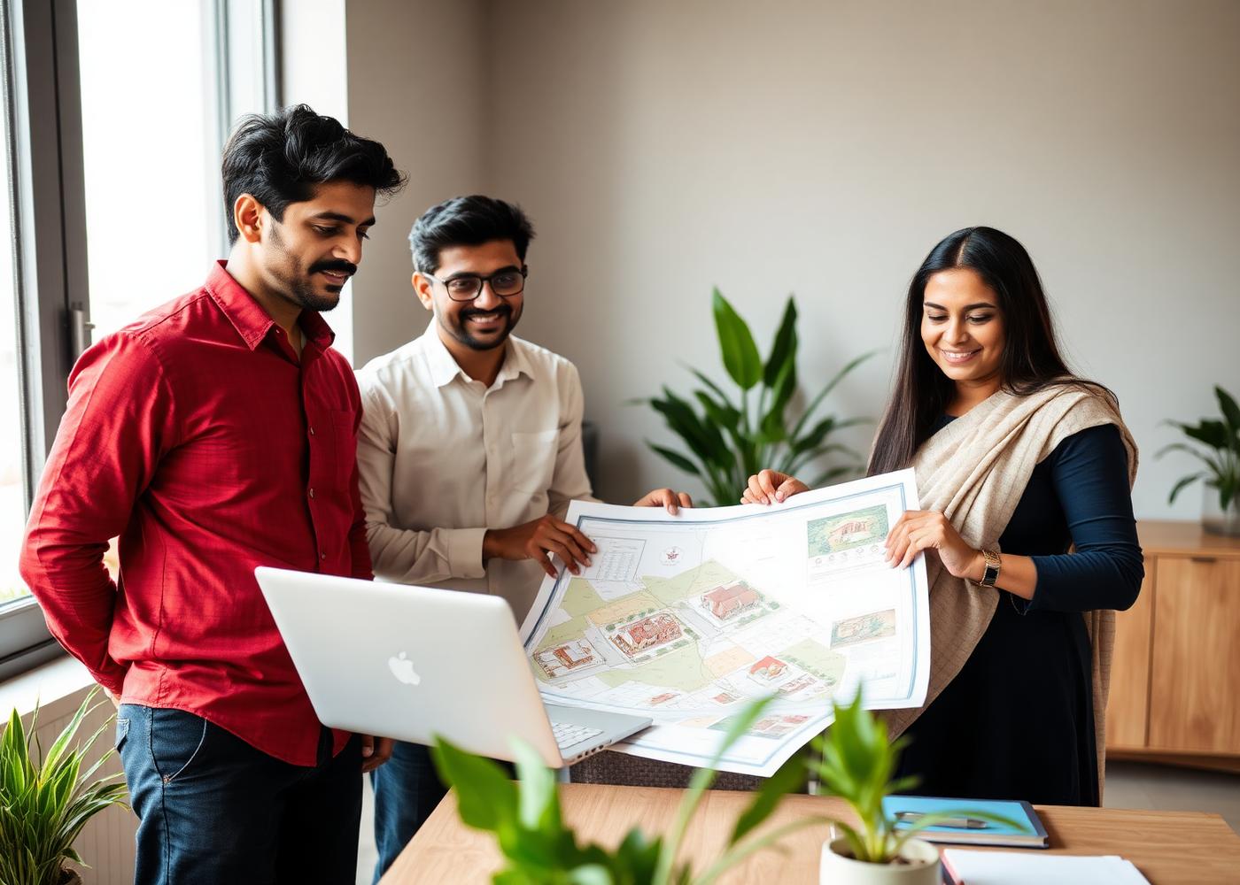 NRI Land Check team reviewing a property map together in a consultation office in India