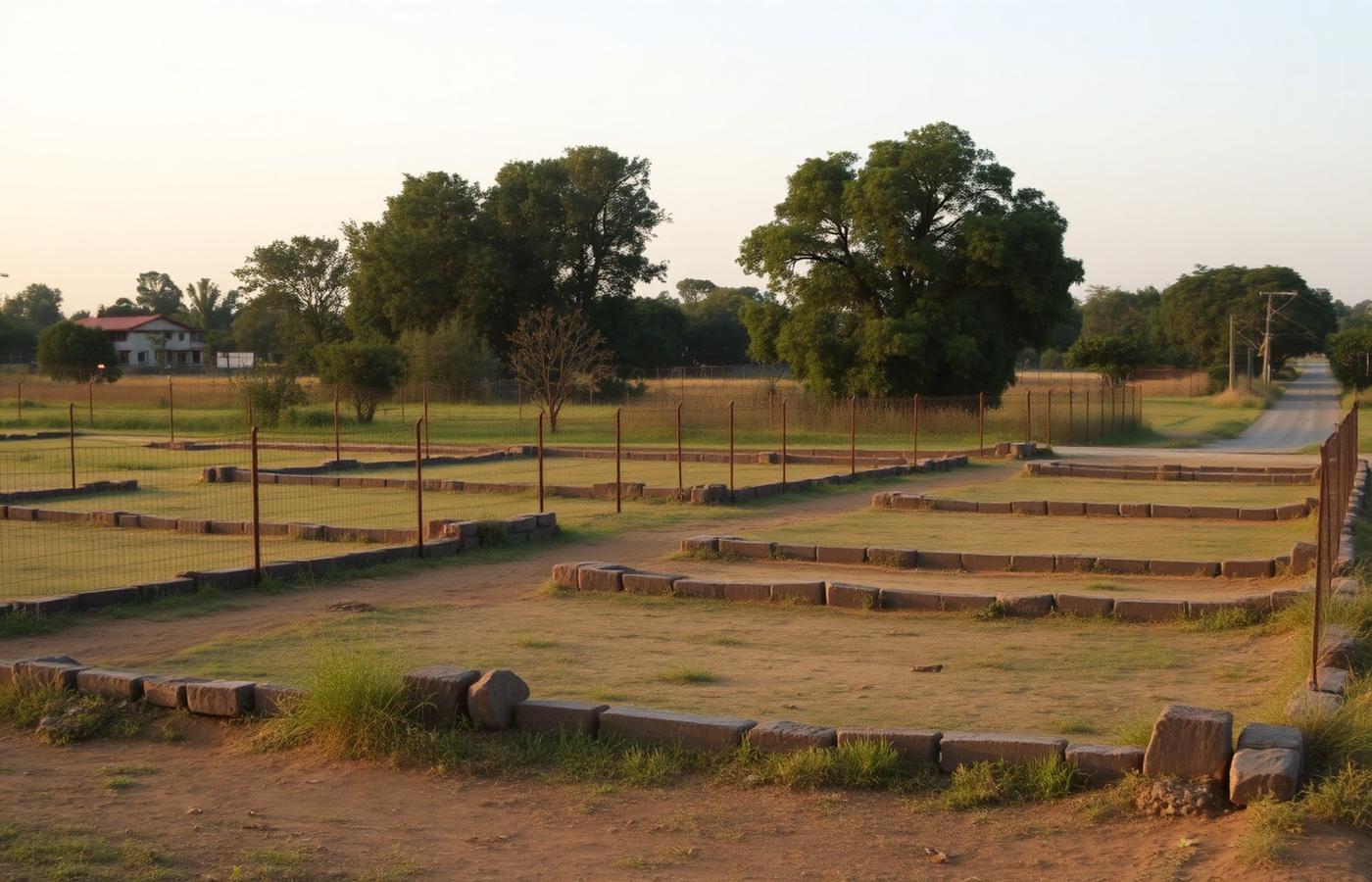 Residential plotted land in India with visible boundary markers and fencing